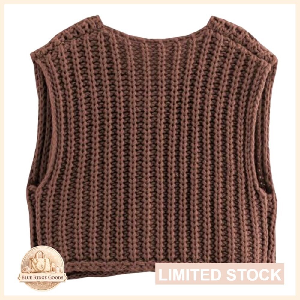 Crochet Chunky Knit Sleeveless Button Down Crop Top Cardigan Sweater Vest with - Picture 4 of 7